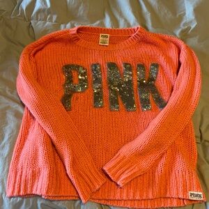 PINK Victoria's Secret Coral Knit Crewneck Sweater with Sequin Logo